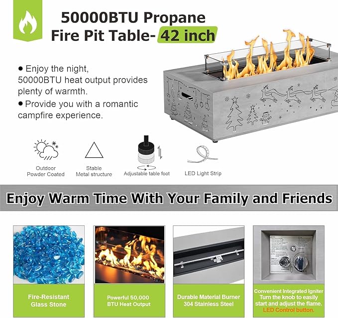 42" Propane Fire Pit Table with Christmas Cutout Decoration and RGB Lights – 50,000 BTU with Wind Guard Glass, Lid, Rocks and Cover – Outdoor Fireplace (Light Grey/Christmas RGB, 42" LED)