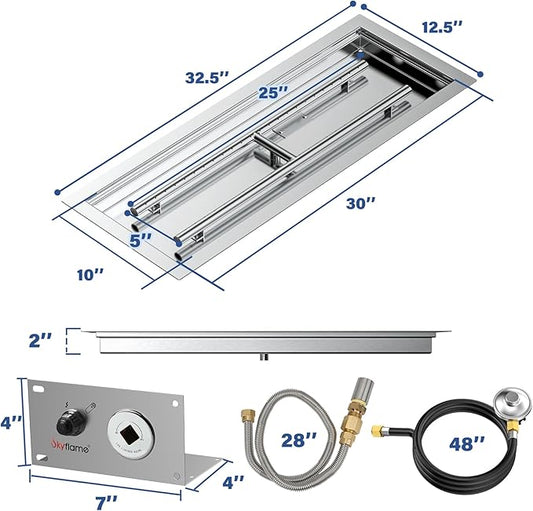 Skyflame 30 x 10 Inch Rectangular Fire Pit Pan Kit, Stainless Steel Drop-in Pan and Burner, Come with Spark Ignition and Propane Hose, Indoor/Outdoor Fire Pit, Fire Table DIY Decorative