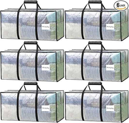 6 Pack Heavy Duty Moving Bags with Padded Wrap Around Handles-Strengthened Zipper Extra Large Storage Totes for Dorm College Clothes Clear