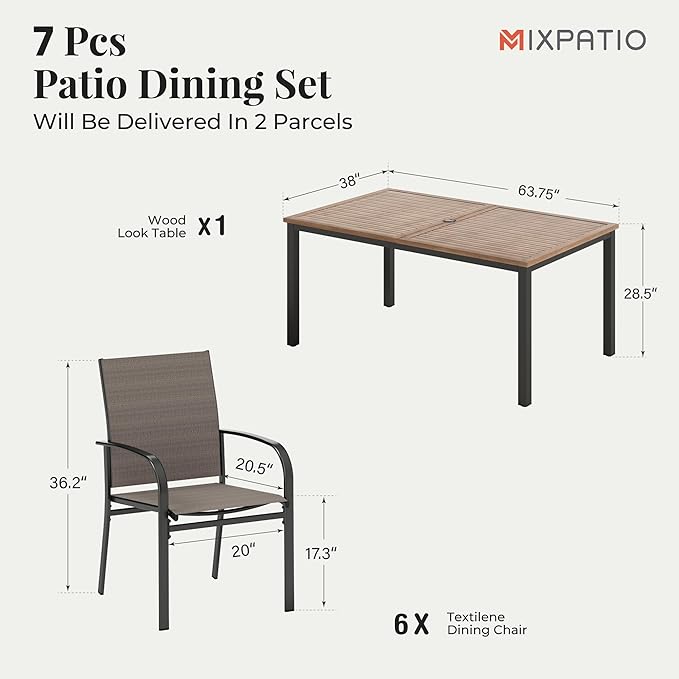 7 Pieces Patio Table and Chairs Set, Patio Dining Set for 6, 6 Textilene Chairs and 1 Wood-Like Rectangle Steel Table with Umbrella Hole, for Deck Backyard Lawn Poolside, Brown