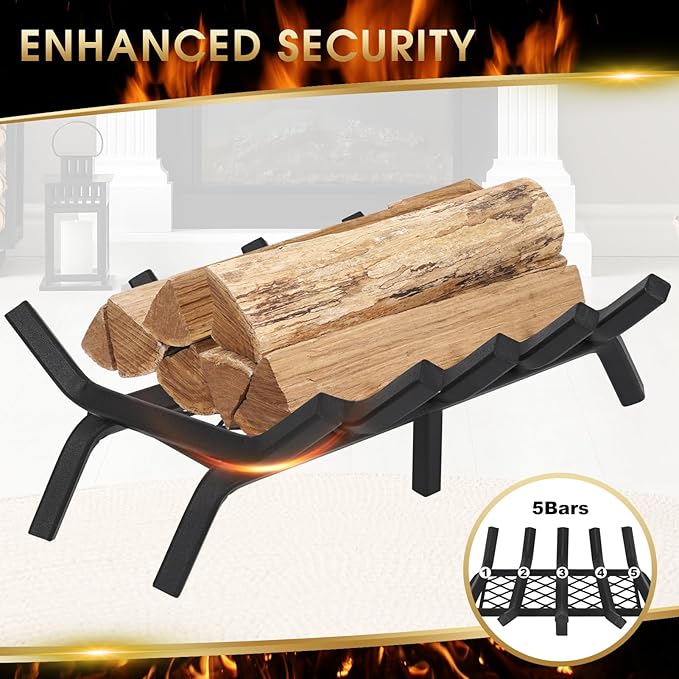 G GOOD GAIN Fireplace Grate with Ember Retainer, 20" Heavy Duty Steel Indoor, Chimney Hearth Wood Stove Burning Rack Holder,1/2 Bar Fire Place Asseccories for Outdoor, Fire Pits, Camping.