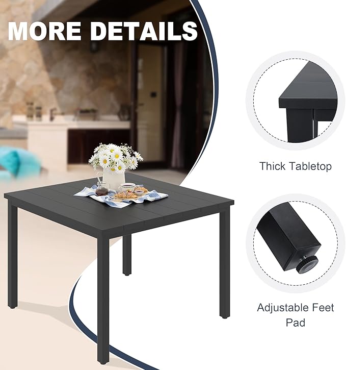VICLLAX Outdoor Patio Dining Table for 4, Metal Square Patio Table with Umbrella Hole for Backyard Porch, Black 40.2"