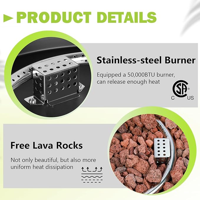 36 Inch Round Propane Fire Pit–Outdoor Firepit 3-Piece 50,000 BTU Gas Concrete Fire Pit w Tank Cover,CSA Certification,w Lid and Glass Wind Guard,Lava Rocks, Rain Cover for Backyard&Deck