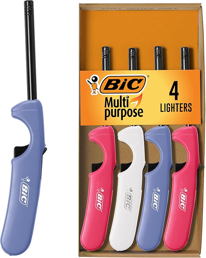 BIC Multi-Purpose Lighters, Ideal Long lighters for Candle and Fireplace Lighting, Assorted Colors, 4 Pack (Colors May Vary)
