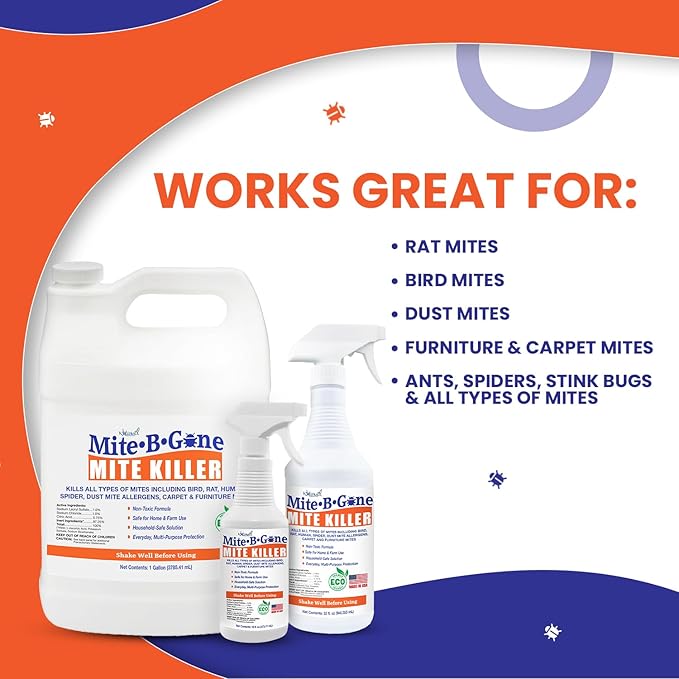 Mite Killer Spray by Mite-B-Gone — Kills Human Mites, Dust, Spider, Rat, Carpet & Bird Mites in Homes, Furniture, Bedding, Auto & On Animals | Non-Toxic | Kid & Pet Safe | 32oz Spray