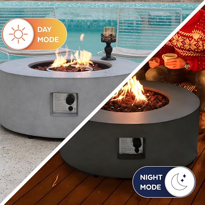 36" Round Propane Fire Pit Table,50,000 BTU Outdoor Concrete Gas Firepit with Lava Rocks & Rain Cover,Modern Patio Coffee Table for Backyard and Deck
