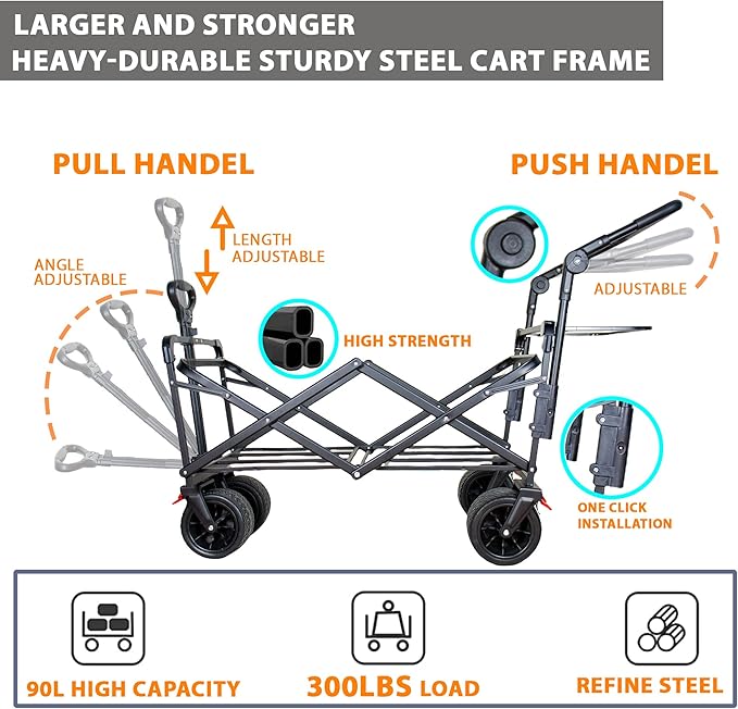 SKYMANOR Collapsible Wagon Folding Garden Cart with Removable Canopy Utility Heavy Duty Wagon Cart with All-Terrain Wheel Storage Brake for Camping Shopping (Upgraded Canopy-Black)