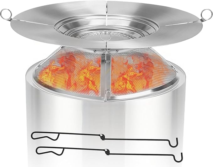 Heat Deflector for Solo Stove Bonfire 19.5",Fire Pit Heat Deflector with Mesh Spark Screen&2 Pokers,304 Stainless Steel 2 in 1 Heat Diffuser for Solo Stove Bonfire Accessories Camping Capture Warmth