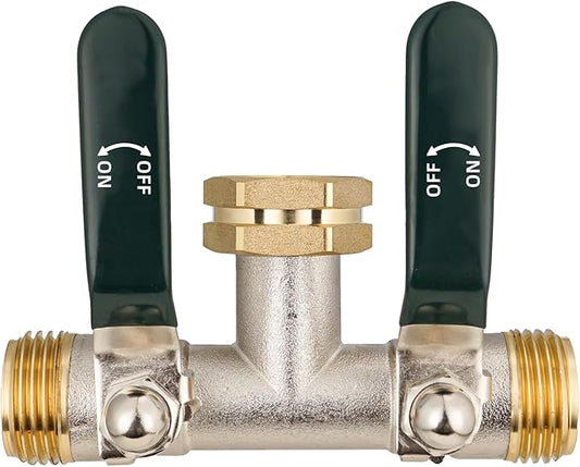Hose Splitter 2 Way, Brass High Flow Garden Hose Splitter Heavy Duty, Hose Connector, Water Spigot Splitter, Full Flow Faucet Splitters with shutoff, 3/4” GHT Inlet
