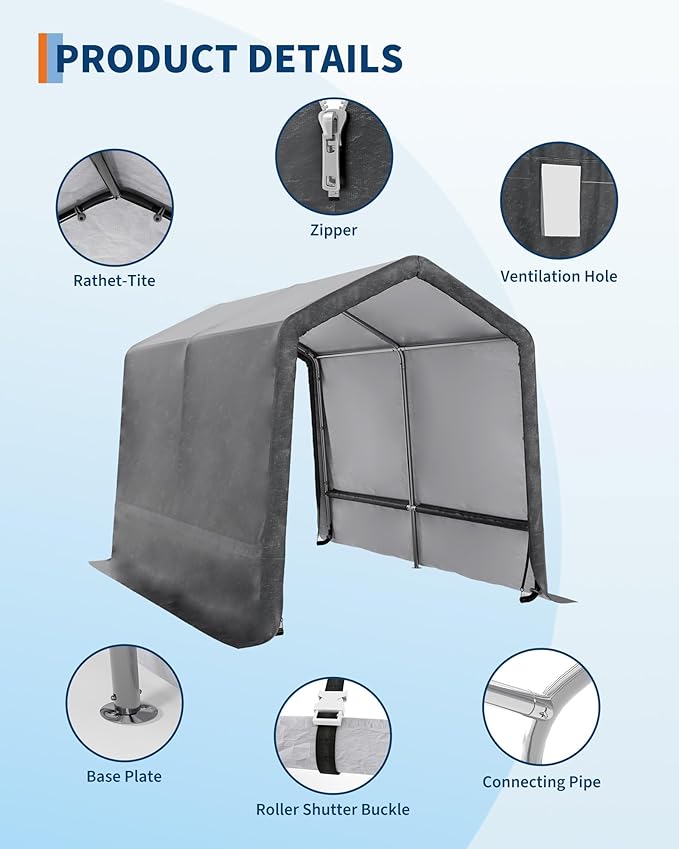 7X12 FT Heavy-Duty Portable Outdoor Storage Shed with Roll-Up Zipper Door & Vent, 240g Waterproof Carport Storage Shelter, UV-Resistant Canopy for Motorcycle, Firewood, Tools -Gray ﻿