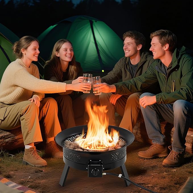 Tangkula Portable Propane Fire Pit, 24.5 Inch 58,000 BTU Smokeless Fire Bowl with Carry Strap, Lid & Folding Legs, Tank Base Holder, Outdoor Gas Fire Pit for Camping Patio Backyard