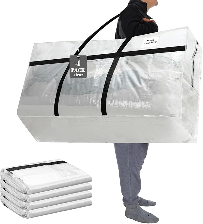 Windyun 4 Pack 57 Gallon Extra Large Storage Bags XXL Moving Bags with Zipper Handle Heavy Duty Jumbo Big Tote Box for Christmas Tree Storage 4, 5, 7.5, 9, 10, 12 ft Skeleton College Dorm(Transparent)