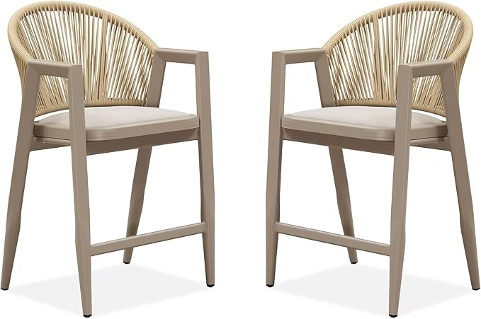 PURPLE LEAF Outdoor Counter Height Bar Stool Set of 4 Wicker Woven Counter Stools Bar Chairs Barstool for Patio Kitchen Island Lawn Champagne