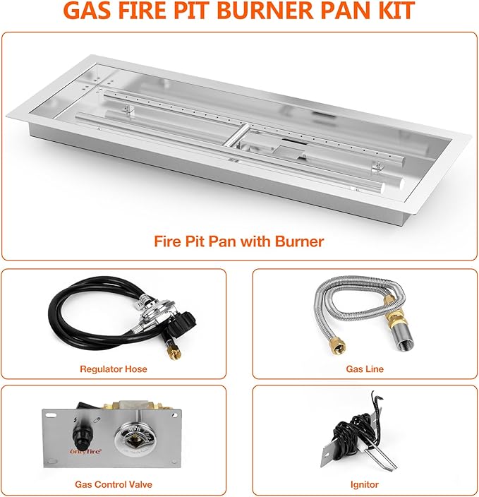 Onlyfire 30 x 10 Inch Drop-in Fire Pit Pan Kit, Rectangular Stainless Steel Propane Gas Firepit Pan with H Burner, Spark Ignition and Propane Hose Kit for Indoor or Outdoor DIY Fire Pit Fireplace