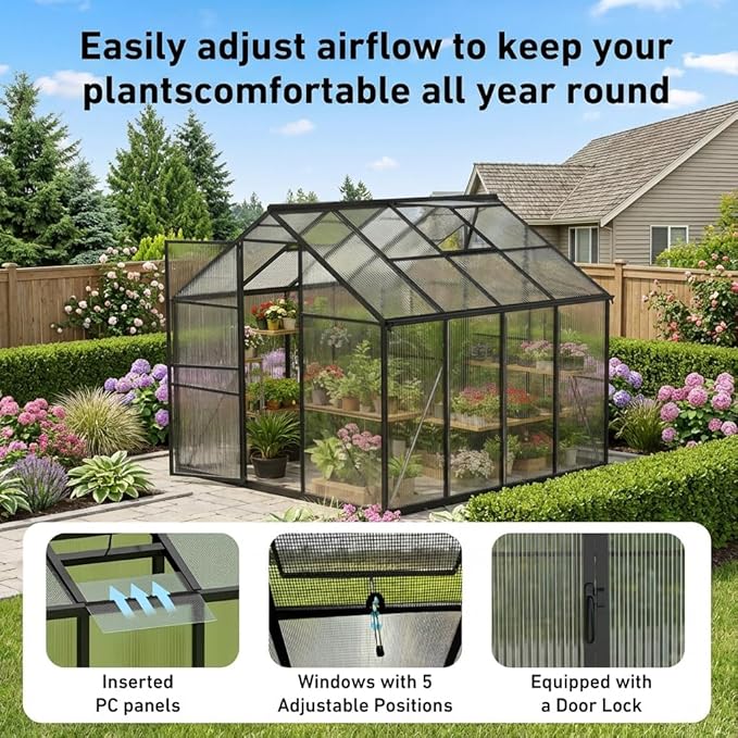 Sturdy 8x8 FT Outdoor Greenhouse Kit, Walk-in Aluminum Greenhouse with Sliding Door & Screened Vent Window for Ventilation, for Backyard, Garden, Vegetables & Flowers, Black