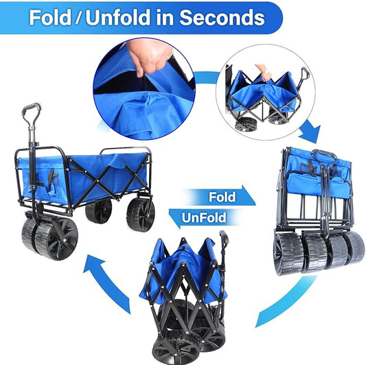Collapsible Folding Wagon Garden Shopping Beach Cart,Heavy Duty Utility Buggy with Big Wheels,Adjustable Handle and Cup Holder,for Sand,Camping,Outdoor,40.55",Blue