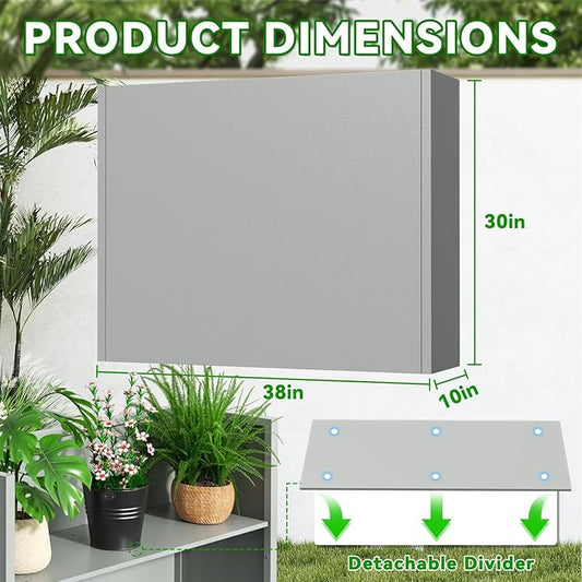 Tall Metal Planter Box, 38" L x 10" W x 30" H Large Outdoor Planters with Drainage & Adjustable Shelf, Heavy Duty Steel Rectangular Planter for Patio, Balcony, Indoor(Gray)