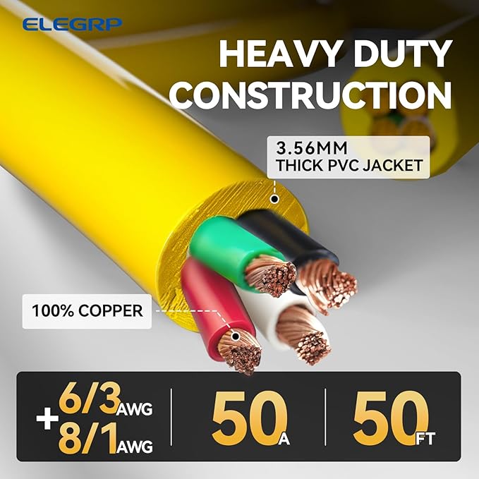 ELEGRP 50 Amp RV/Generator Extension Cord, 50FT NEMA 14-50P to SS2-50R Twist Lock, 6/3+8/1 Gauge STW, Heavy Duty 50A RV Power Cord for Camper/Generator/House, UL Standard Compliant, 3-Year Support