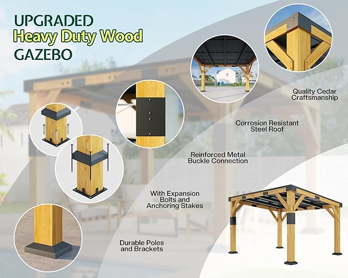 Jocisland 10' x 12' Cedar Wood Gazebo with Sloped Galvanized Steel Roof, Hardtop Gazebo Pavilion with Durable, Rot-Resistant Construction, Permanent Outdoor Pergola for Backyard, Garden & Deck