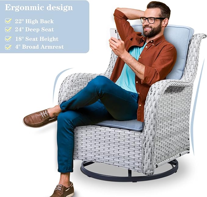 Belord Wicker Outdoor Furniture Patio Furniture Set - 6 Piece Patio Conversation Set with Swivel Rocker Chairs, Loveseat Sofa, Ottomans and Coffee Table, Baby Blue Cushion