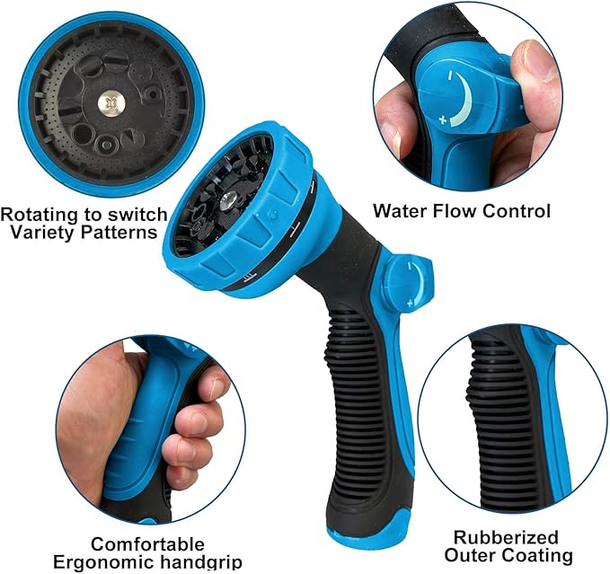 Non-Expanding Garden Hose 150ft,flexible, lightweight hose is resistant to kinks and tangles.With 10-way nozzle, strong 3/4” metal fittings.