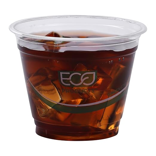 ECO PRODUCTS GreenStripe Clear Compostable 9oz PLA Plastic Cups, Case of 1000, Disposable Renewable Plant-Based Cold Cups, For Cold Drinks & Snacks, BPI Certified, ASTM Compliant.