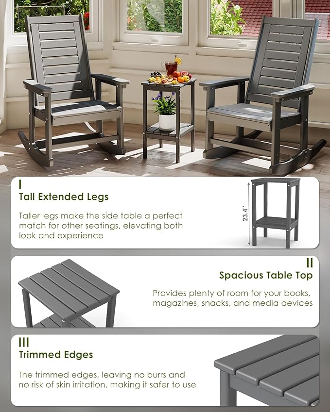 GREENVINES Tall-Outdoor-Side-Table | 23.5" | HDPE Plastic | Patio Adirondack End Tables | All Weather | 2-Tier | Grey | for Porch Garden Indoor & Rocking Chairs