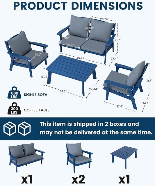 FOOWIN 4-Piece Patio Furniture Set, HDPE All-Weather Outdoor Conversation Set with Thick Cushions, Sectional Patio Sofa Furniture for Deck, Porch, Lawn, Garden, Navy Blue Frame & Grey Cushion