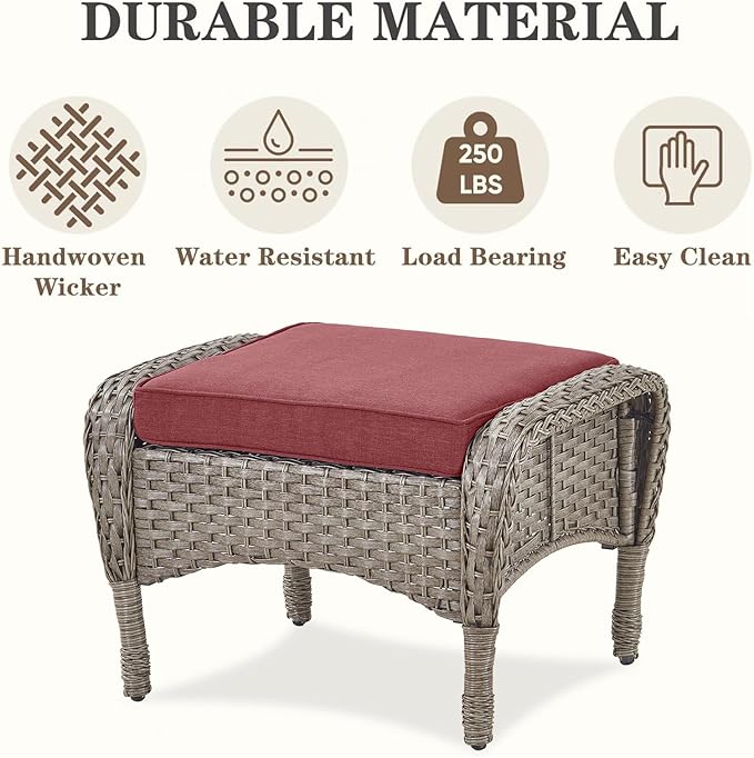 Belord 5 Pieces Wicker Patio Furniture Set - Swivel Rocker Outdoor Chairs with Ottomans and Side Table, Small Patio Conversation Set for Porch Deck Backyard Red