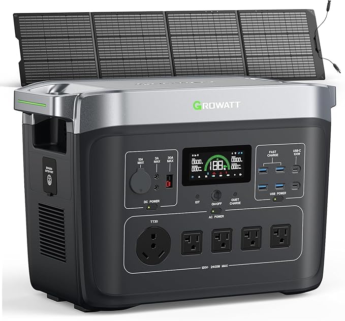 GROWATT Portable Power Station with 200W Solar Panel，Black Infinity 2000 Electric Solar Generator，2048Wh LifePO4 Battery, 2200W AC Output for Home Use, Outdoor Camping, RVs and Emergency Backup