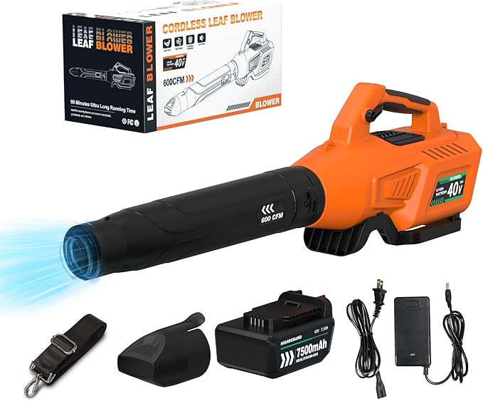 Aoypalp Leaf Blower Cordless with Battery - 40V Powerful Electric Leaf Blower, 600CFM &180MPH and Variable-Speed with 7.5Ah Battery and Charger for Lawn Care, Patio, Dust, Blowing Leaves (Orange)