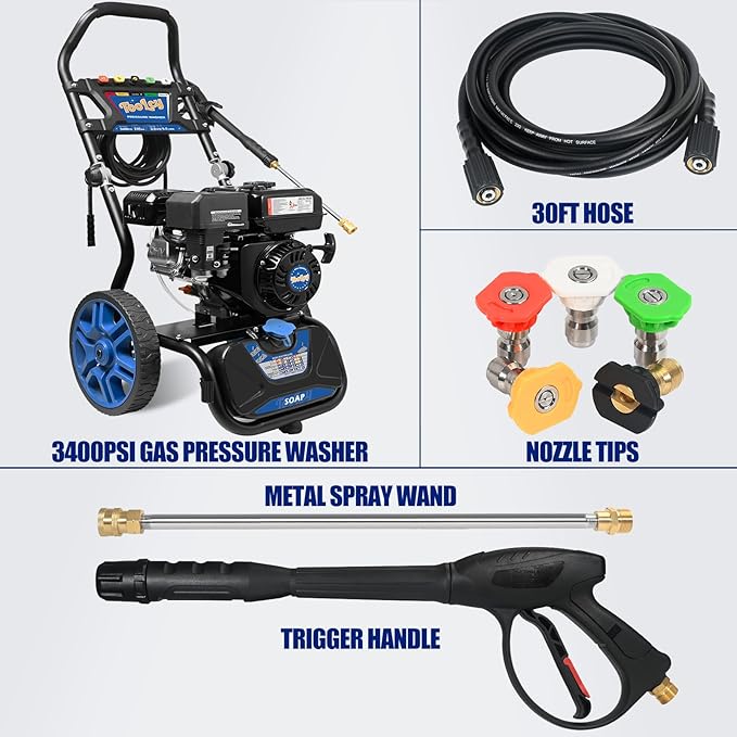 TOOLCY 3400 PSI & 2.8 GPM Gas Powered Pressure Washer with Onboard Soap Tank, Power Washer for Cleaning Cars Homes Patios Fences Driveways, Spray Gun, 5 Nozzles