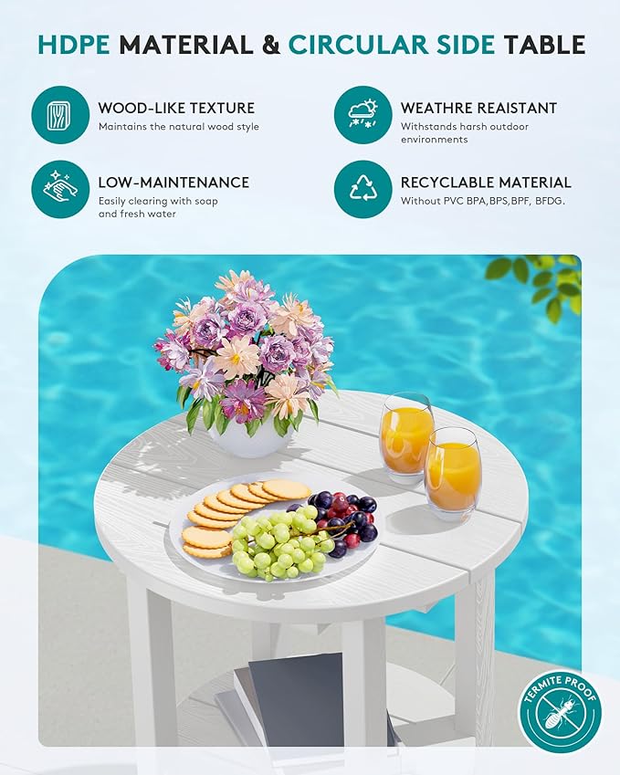 SERWALL Round Outdoor Side Table Set of 4, HDPE Small Adirondack Double End Table, White