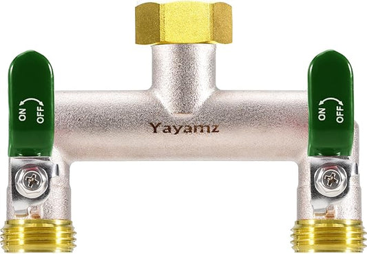 2 Way Garden Hose Splitter, Heavy Duty Brass Nickel Plated Rust Resistant Faucet Manifold, 3/4" Frost Resistant Outdoor Hose Adapter Connector，Hose Spigot Adapter with 2 Large Green Handles