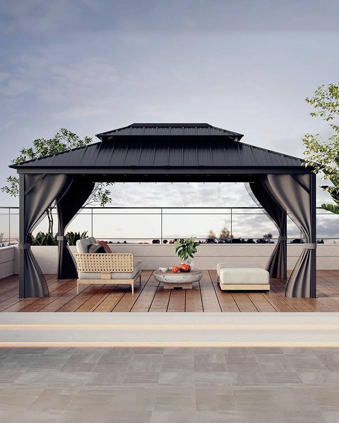 GarveeLife Hardtop Gazebo 12 ft x16 ft for All Weather, with Double Metal Roof, Aluminum Alloy Frame, Net, and Curtain, Permanent Building for Patio, Deck, Backyard, Lawn, and Garden