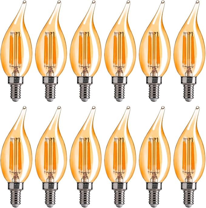 FLSNT CA11 E12 LED Chandelier Light Bulbs 40W Equivalent, Dimmable LED Candelabra Bulbs, 2200K Warm White, 330LM, Amber Glass, 12 Pack UL,CA65 Listed.
