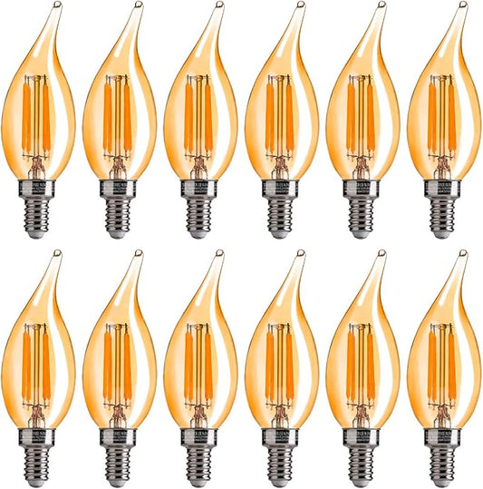 FLSNT CA11 E12 LED Chandelier Light Bulbs 40W Equivalent, Dimmable LED Candelabra Bulbs, 2200K Warm White, 330LM, Amber Glass, 12 Pack UL,CA65 Listed.