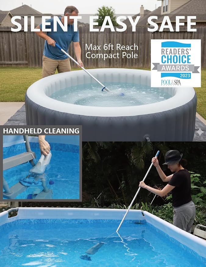 KOKIDO Rechargeable Handheld Hot Tub Spa Pool Vacuum, IPX8, Aluminum Pole and 2 Brush Heads, Cordless, Ideal for Light-Duty Spot Cleaning Spas and Small Pools up to 20ft, 60-min, Sand and Debris XV110