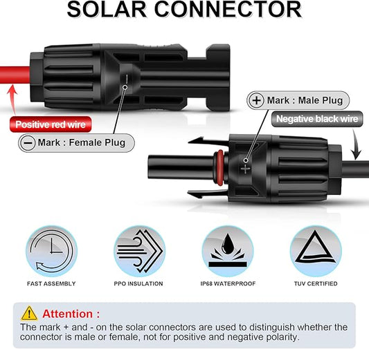 iGreely Solar Panel Extension Cable - 70 Feet 10AWG(6mm²) Solar Extension Cable with Female and Male Connector Solar Panel Wiring Wire Adapter (70FT Red + 70FT Black)
