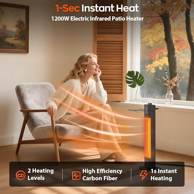 Outdoor Electric Patio Heater, 27-inch Infrared Tower Heater with 1200W Instant Heating, IPX5 Waterproof, Tip-Over & Overheat Protection, Space Heater for Patio Garage Workshop Indoor & Outdoor Use