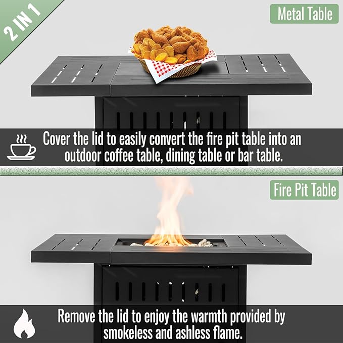 Propane Fire Pit Table, 34" Firepits for Outside, Gas Fire Pit for Outside Patio, Propane Fire Table with Steel Lid, Rocks for Backyard, 50000BTU, Tank Inside, Tank Not Included, Black
