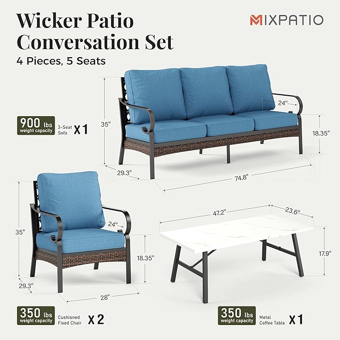Patio Furniture Set with Coffee Table, Outdoor Conversation Set with 2 x Fixed Chairs, 1 x 3-Seat Sofa for Lawn Garden Backyard, Navy Blue