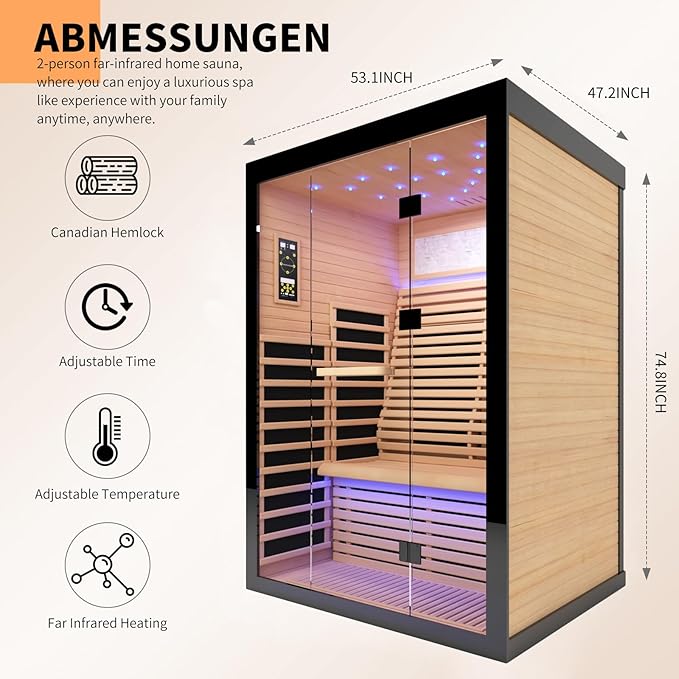 RIGO 2 Person Infrared Sauna for Home - Canadian Hemlock Luxury Spa with Exclusive Star Sky Roof & Oxygen Bar, 7 Low EMF Graphene Heaters, Bluetooth