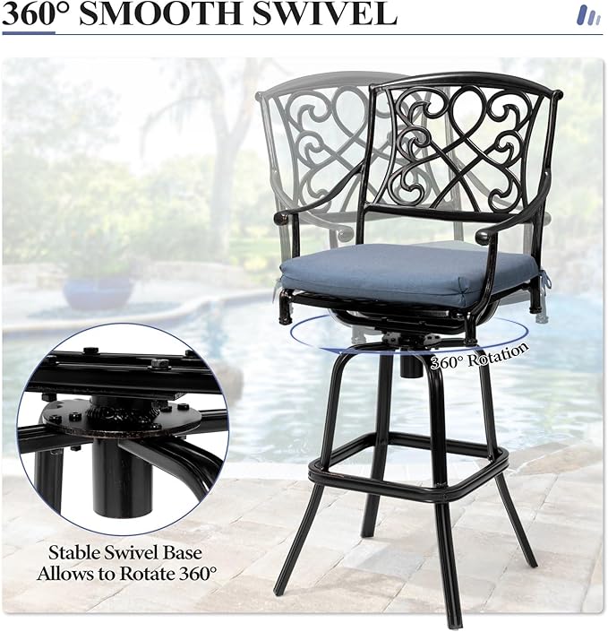 Crestlive Products Outdoor Bar Stools with Sunbrella Cushion Set of 4, 360° Swivel Patio Bar Height Chairs, All Weather Commercial Grade Furniture, Antique Brown Finish for Outside (Denim Blue)