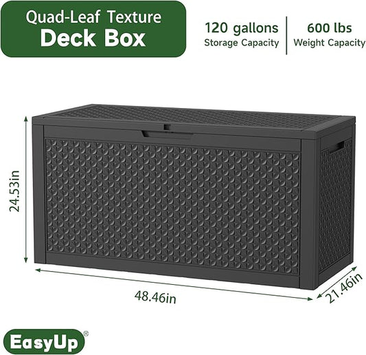 EasyUp 120 Gallon Outdoor Storage Box Waterproof, UV Resistant Resin Deck Box with Hydraulic Rod, Reinforced Stability for Patio, Garden, Quad Leaf Black