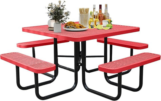 8-Person Outdoor Picnic Tables,46" Heavy-Duty Metal Square Picnic Table,Expanded Metal Commercial-Grade Table with 4 Benches & Umbrella Hole,Waterproof Coating Beach Table for Patio,Garden, Backyard