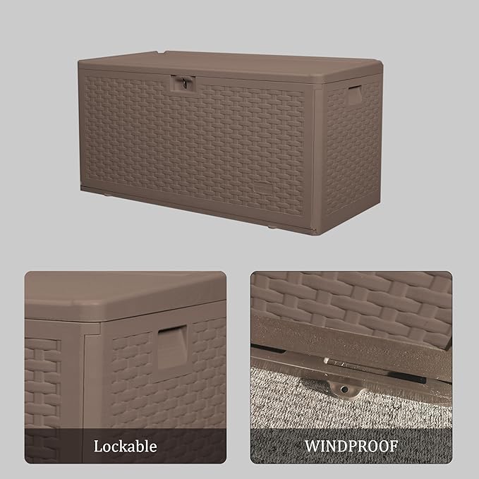 TARKARI Premium Pro Edition 73 Gallon Lockable Resin Deck Box, Waterproof & UV-Resistant Outdoor Storage Box for Outdoor Cushion Storage, Garden Tools & Pool Accessories Storage, Coffee