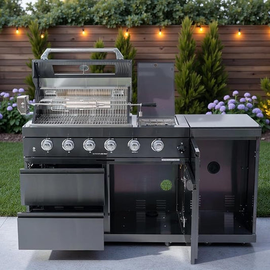 BBQ Island Outdoor Kitchen: 46-Inch 4-Burner 72000 BTU Modular Outdoor Grill Islands + Side Burner + Rotisserie + Granite Countertops for Backyard Family Gatherings Small Business