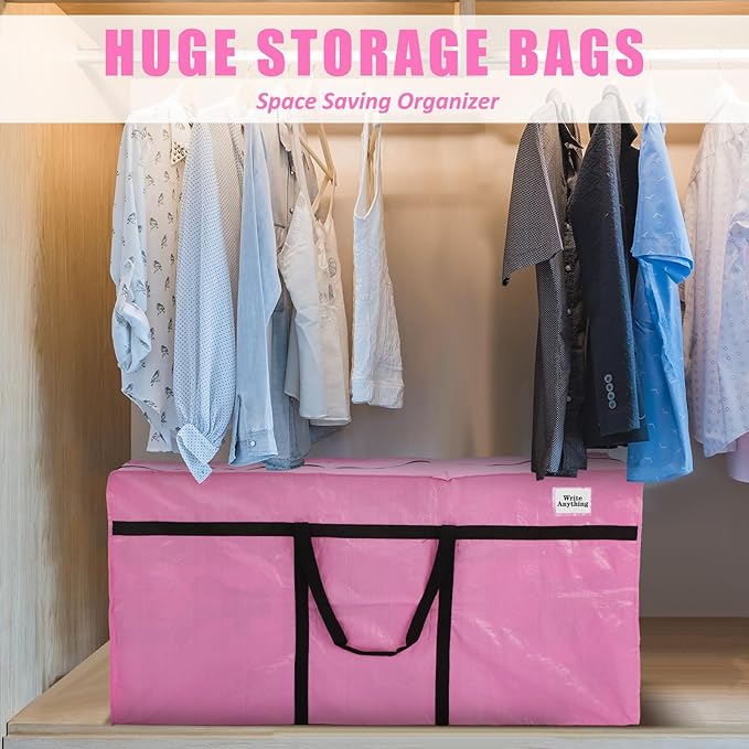 Windyun 4 Pack 69 Gallon Extra Large Storage Bags XXL Moving Bags with Zipper Handles Heavy Duty Jumbo Big Tote Box for Christmas Tree Storage 4, 5, 7.5, 9, 10, 12 ft Skeleton College Dorm(Pink)