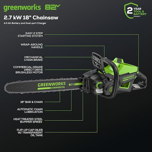 Greenworks 82V 18" Brushless (2.7 kW) Cordless Chainsaw (210 Cuts Per Charge), 4.0Ah Battery and Dual Port Rapid Charger (Great For Landscapers and Professionals)
